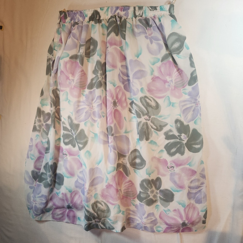 Vintage Floral Watercolor Midi Skirtโ Purple Teal White Elastic Waist Button L
